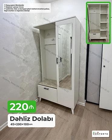 Dəhliz Dolabı – 45×200×100 sm - Funksional dizayn: böyük güzgülü