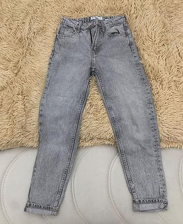 Qadın şalvarları və leggings dəsti 1) Boz mom-jeans - Yüksək belli