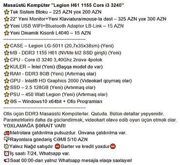 masaustu komputer ddr3: Masaüstü Kompüter "Legion H61 1155 Core i3 3240” ⭐Tək Sistem Bloku – — 3