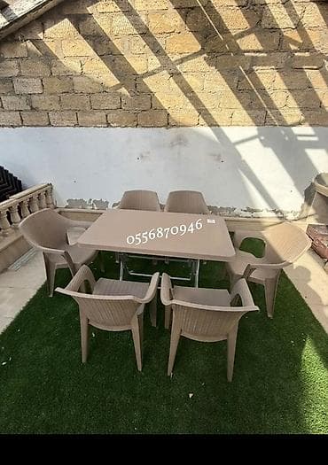 heyet gulleri ve adlari: Həyət/bağ üçün mebel dəsti: - Komplekt: 1 masa + 6 stul - Masa ölçüsü — 8
