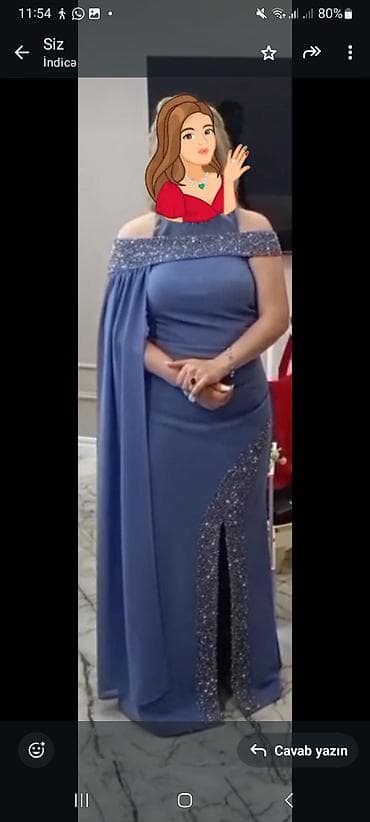 Zərif ziyafət/libas – mavi rəngli uzun don - Model: çiyinləri açıq