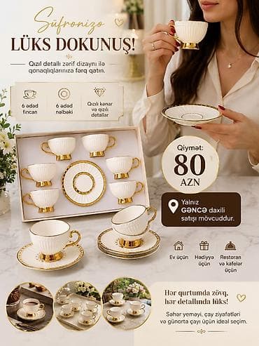 Çay dəsti, rəng - Qızılı, Keramika, 6 nəfərlik