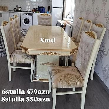Klassik dizaynlı yemək otağı dəsti - Masa: Qızılı naxışlı, oyma