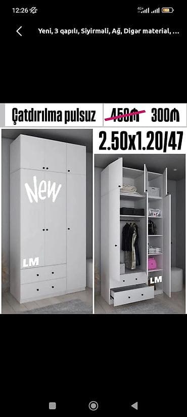 paltar iskafi: Yeni, 3 qapılı, Siyirməli, Ağ, Açılan, Düz dolab — 1