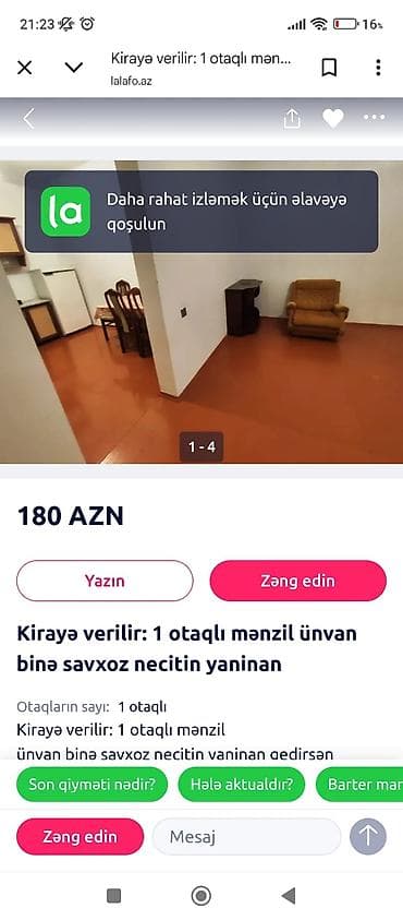 16 mine evler: Bina sovxozda kirayə üçün 1 otaqlı həyət evi. Plan və təchizat: - — 4