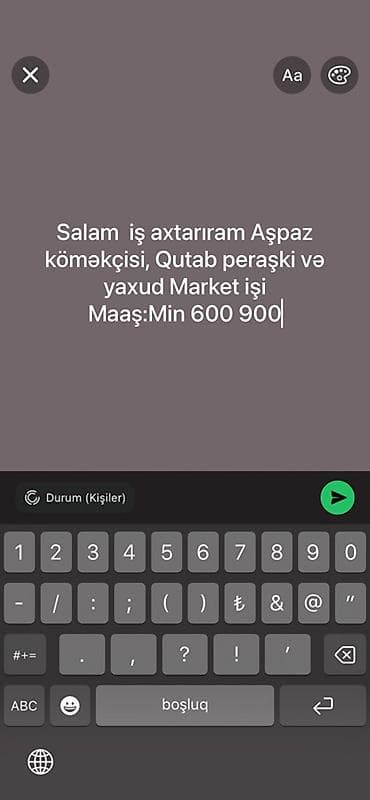 İş axtarışı – Aşpaz köməkçisi / Qutab, piraşki ustası / Market işi