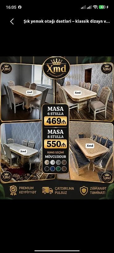 Qonaq otağı üçün, Yeni, Açılmayan, Dördbucaq masa, 6 stul