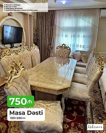 Masa Dəsti – 100×200 sm - Klassik barokko üslubunda yemək otağı dəsti