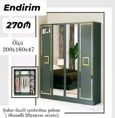 Мебель: Güzgülü paltar şkafı - Ölçü: 200 x 160 x 47 sm - Rəng: tünd boz/yaşıl — 1