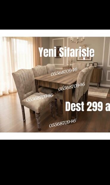 Qonaq otağı üçün, Yeni, Açılmayan, Dördbucaq masa, 6 stul