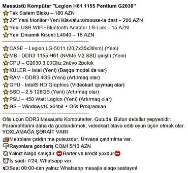 ipad 11 pro: Masaüstü Kompüter "Legion H61 1155 Pentium G2030” ⭐Tək Sistem Bloku – — 3