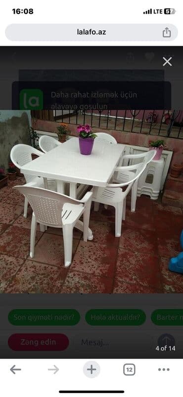 6 ci mikrorayon satilan heyet evleri: 6 nəgırlik 145 ₼ 4 nəfərlik 85 ₼Ağ plastik masa və altı ədəd — 1