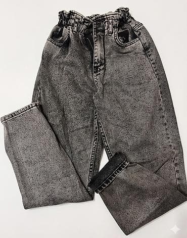 Qara-boz yuyulmuş effektli yüksək belli cins şalvar - Model