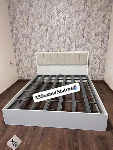 divar stolu: Ağ rəngli, müasir dizaynlı iki nəfərlik çarpayı karkası. - Yumşaq — 1