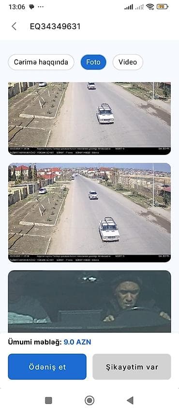 Rəsmi cərimə bildirişi ekran görüntüsü – sürət həddinin aşılması ilə