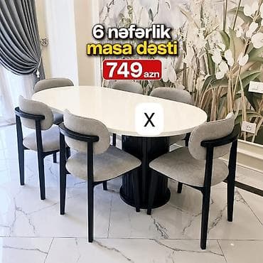 6 nəfərlik masa dəsti - Oval formalı, parlaq ağ səthli yemək masası -