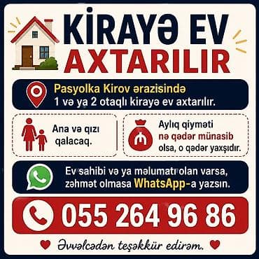 kiraye ev: Xidmət: Kirayə ev axtarışı - Ərazi: Pasyolka Kirov - Tələbat: 1 və ya — 1