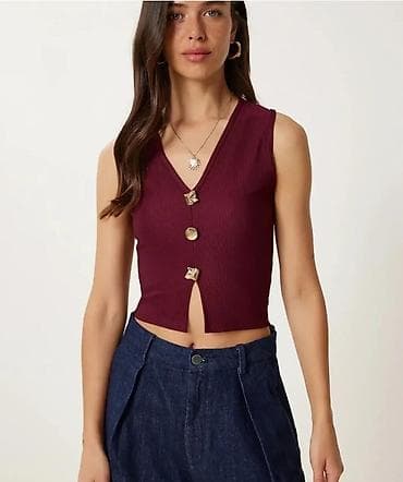 Qadın qolsuz qısa jilet – bordo rəng - Dizayn: V-kəsimli yaxa, ön