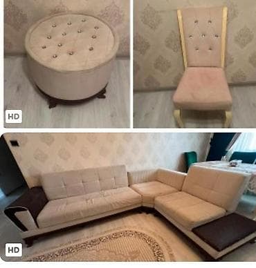 pufik divan: Divan, pufik və 6 ədəd stul dəsti - Künc divan: Bej rəngli, yumşaq — 1