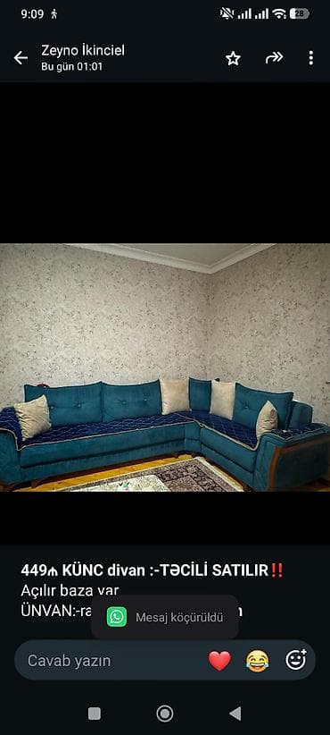 *449₼ KÜNC divan :-TƏCİLİ SATILIR*‼️ Açılır baza var ÜNVAN:-ramanı — 1