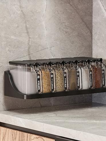 duz qabları: 6-lı standlı, qaşıqlı ədviyyatlıq seti - 6 ayrı şəffaf qab və kompakt — 2