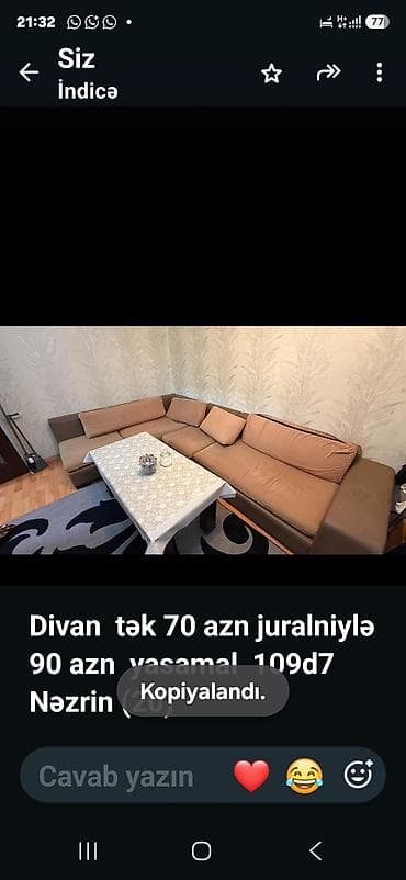 sobo: Divan tək 70 azn juralniylə 90 azn yasamal 109d7 Nəzrin (20) — 1