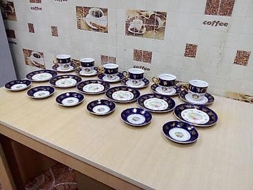qapi ucun bezekler: Çay dəsti, rəng - Göy, Farfor — 1