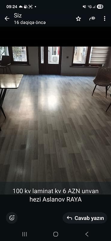 Laminate döşəmə – ümumi sahə 100 kv.m Kvadrat metri: 6 AZN