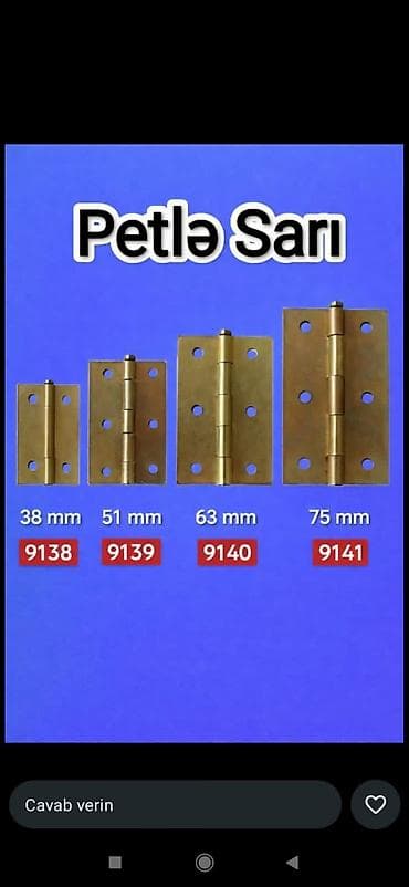 Petlə – sarı rəngli metal qapı/dolab menteşələri Ölçülər və kodlar: -