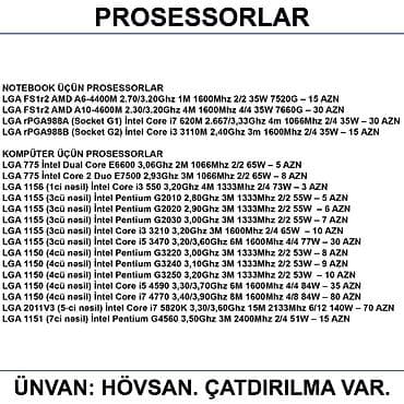 Процессоры для ПК: Prosessorlar 📍Ünvan: Bakı şəh, Suraxanı ray, Hövsan qəs. YOXLAMAĞA — 1