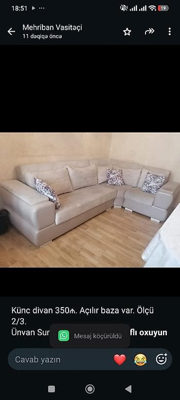 Künc divan 350₼. Açılır baza var. Ölçü 2/3. Ünvan Sumqayıt (61514) M lalafo.az -da Künc divan 350₼. Açılır baza var. Ölçü 2/3. Ünvan Sumqayıt (61514) M