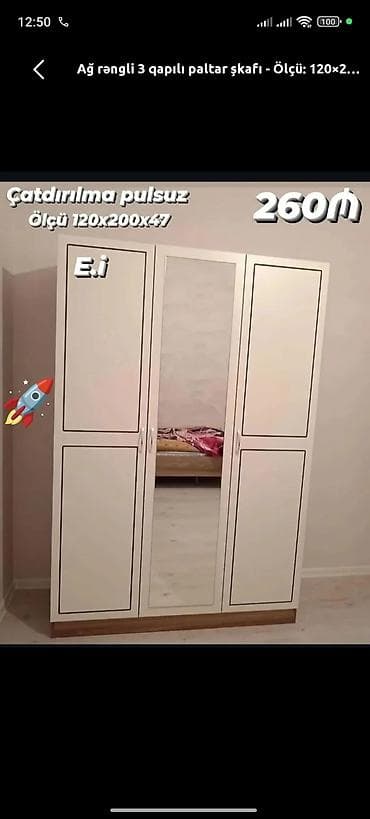 Ağ rəngli 3 qapılı paltar şkafı - Ölçü: 120×200×47 sm - Rəng: ağ - 3 — 1