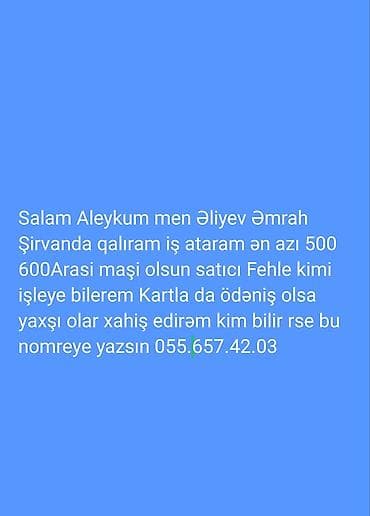 Xidmət: Satıcı və ya fəhlə kimi iş axtaran şəxs - Yerləşmə: Şirvan -
