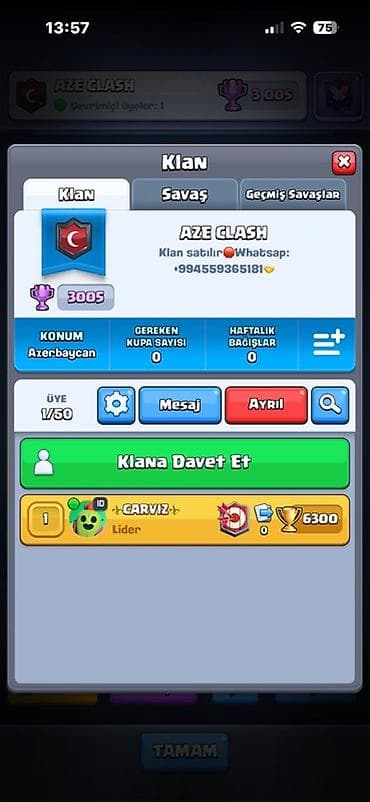 Clash Royale oyunu üçün “AZE CLASH” adlı klan satılır. Ks — 1