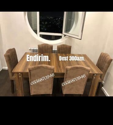 Qonaq otağı üçün, Yeni, Açılmayan, Dördbucaq masa, 6 stul