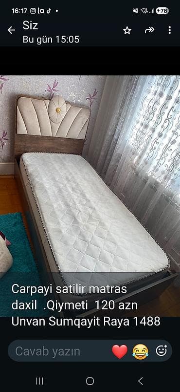 1 nəfərlik carpayı: Tək nəfərlik çarpayı – matras daxildir. - Başlıq: yumşaq döşəməli — 1