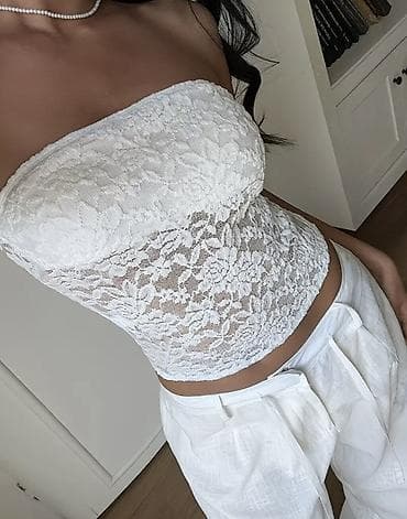 tap.az saatli: Ağ rəngli krujeva strapless top - Model: boru kəsimli, çiyin və ətək — 1