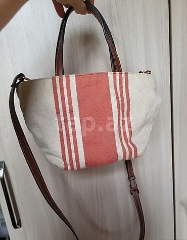 kətan paltar: ZARA brendi qadın çantası - Model: Kanvas materiallı, zolaqlı dizayn — 1