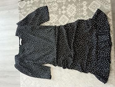 midi donlar: Qara rəngli, ağ xırda nöqtəli qadın paltarı. - Model: asimmetrik ətək — 1