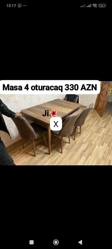 stol ustul: Mətbəx/qonaq otağı üçün masa və 4 ədəd oturacaq dəsti. - Masa: taxta — 1