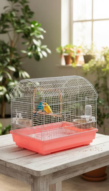 tutu quşları: Quş qəfəsi – geniş ölçülü, ağ metal barmaqlıqlar və çəhrayı/plastik — 2