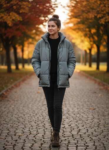 Boz rəngli kişi puff qış gödəkçəsi - Dizayn: düz kəsim, horizontal