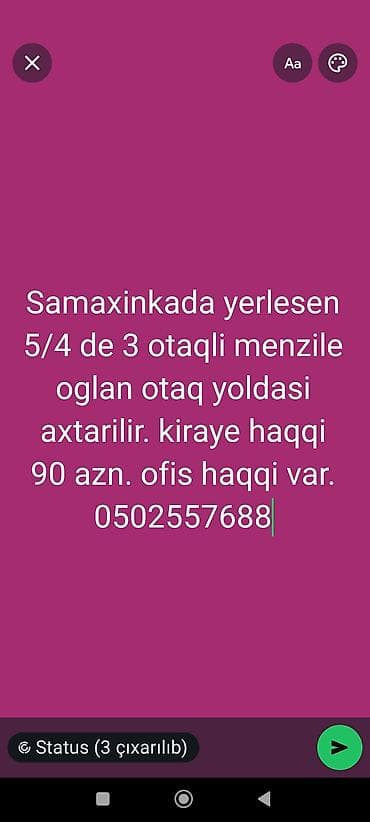 Samaxinkada yerlesen 5/4 de 3 otaqli menzile oglan otaq yoldasi lalafo.az -da Samaxinkada yerlesen 5/4 de 3 otaqli menzile oglan otaq yoldasi