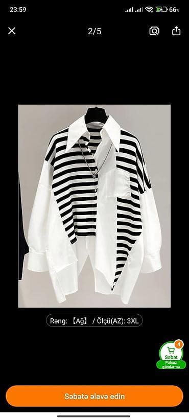 Другая женская одежда: Qadın köynəyi – asimmetrik dizaynlı, ağ rəngdə, qara-ağ enli zolaqlı — 2