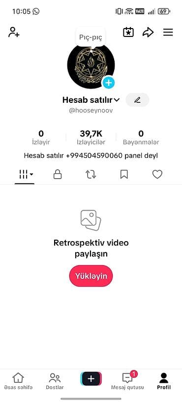Satışda: TikTok hesabı - İstifadəçi adı: @hooseynoov - İzləyicilər