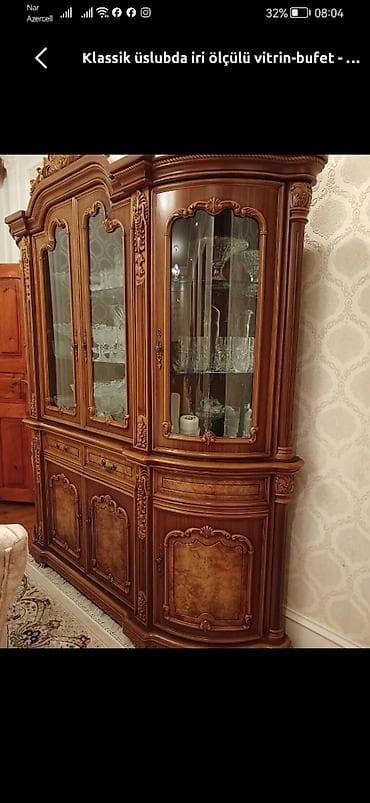 Буфеты: Klassik üslubda taxta vitrin-bufet dəsti - Material: təbii ağac — 2