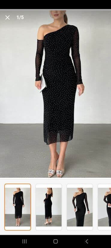 Dəstlər, kostyumlar: Qara midi ziyafət donu – birqollu, asimmetrik kəsim - Rəng: dərin — 1