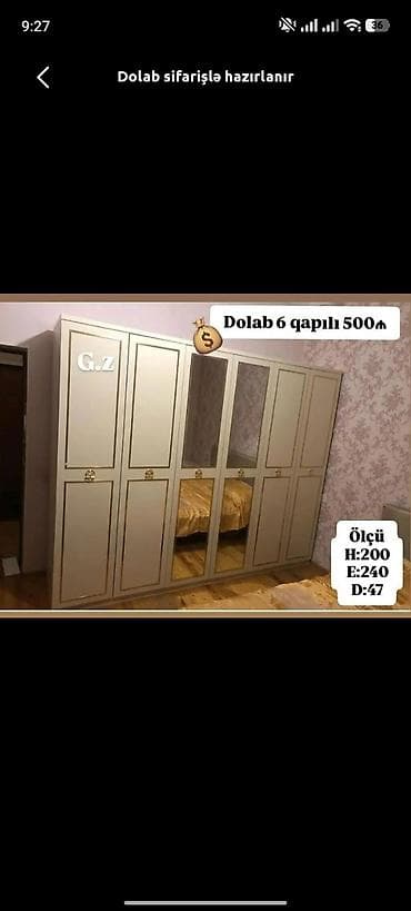 Düz dolab, Yataq otağı üçün, Paltar üçün, Açılan, Korpuslu, 6 qapı