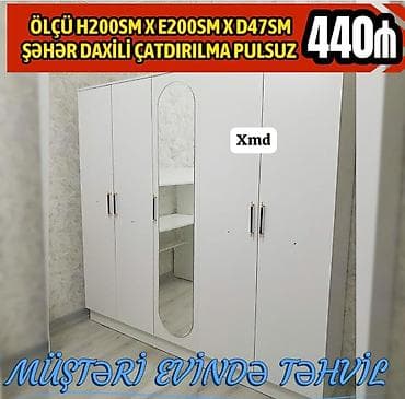 paltar dolab: Ağ rəngli 5 qapılı şkaf. Orta qapıda tam boy güzgü yerləşdirilib — 1