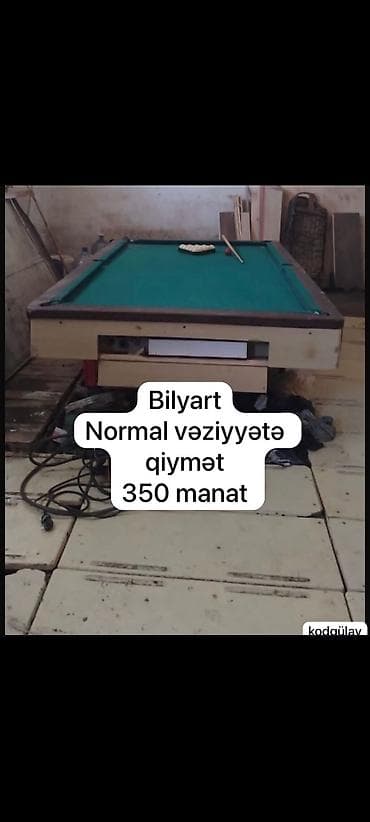 Bilyard masası 350azn Gülay - Klassik dizayn, yaşıl örtüklü oyun